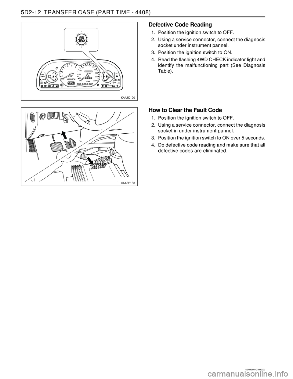 SSANGYONG KORANDO 1997  Service Repair Manual SSANGYONG  MY2002
5D2-12  TRANSFER CASE (PART TIME - 4408)
KAA5D120
KAA5D130
Defective Code Reading
1. Position the ignition switch to OFF.
2. Using a service connector, connect the diagnosis
socket u