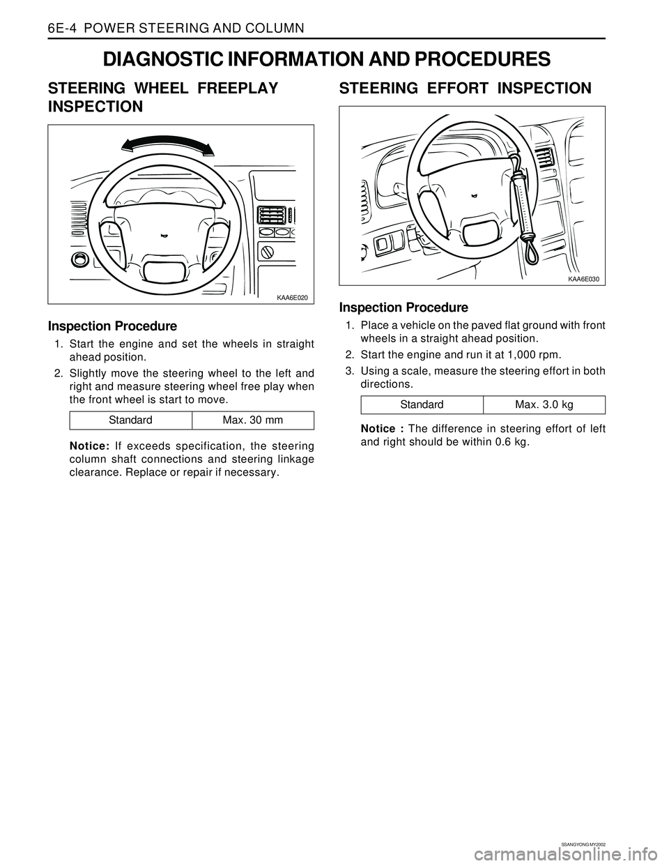 SSANGYONG KORANDO 1997  Service Repair Manual SSANGYONG MY2002
6E-4  POWER STEERING AND COLUMN
DIAGNOSTIC INFORMATION AND PROCEDURES
STEERING WHEEL FREEPLAY
INSPECTION
KAA6E020
Inspection Procedure
1. Start the engine and set the wheels in straig