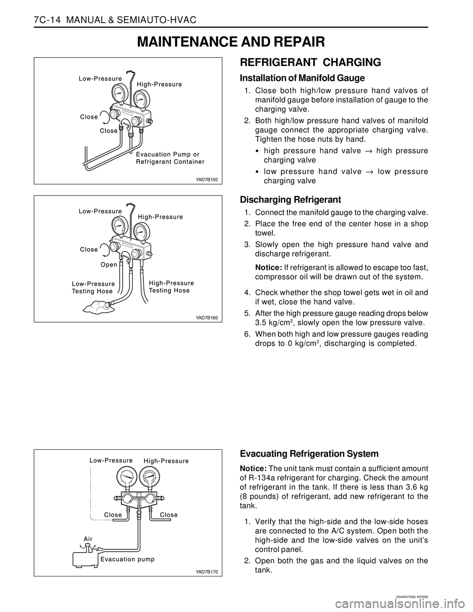 SSANGYONG KORANDO 1997 Service Repair Manual SSANGYONG MY2002
7C-14 MANUAL & SEMIAUTO-HVAC
REFRIGERANT CHARGING
Installation of Manifold Gauge
1. Close both high/low pressure hand valves of
manifold gauge before installation of gauge to the
ch SSANGYONG KORANDO 1997 Service Repair Manual SSANGYONG MY2002
7C-14 MANUAL & SEMIAUTO-HVAC
REFRIGERANT CHARGING
Installation of Manifold Gauge
1. Close both high/low pressure hand valves of
manifold gauge before installation of gauge to the
ch
