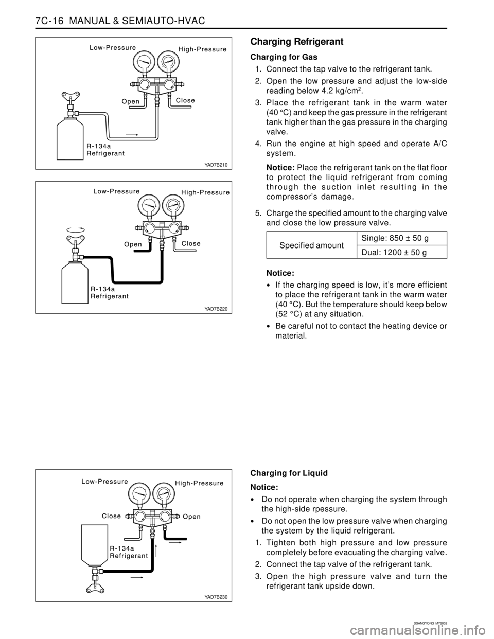 SSANGYONG KORANDO 1997 Service Repair Manual SSANGYONG MY2002
7C-16 MANUAL & SEMIAUTO-HVAC
Charging Refrigerant
Charging for Gas
1. Connect the tap valve to the refrigerant tank.
2. Open the low pressure and adjust the low-side
reading below 4 SSANGYONG KORANDO 1997 Service Repair Manual SSANGYONG MY2002
7C-16 MANUAL & SEMIAUTO-HVAC
Charging Refrigerant
Charging for Gas
1. Connect the tap valve to the refrigerant tank.
2. Open the low pressure and adjust the low-side
reading below 4