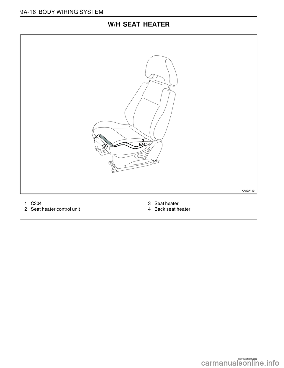 SSANGYONG KORANDO 1997  Service Repair Manual SSANGYONG MY2002
9A-16  BODY WIRING SYSTEM
W/H SEAT HEATER
1 C304
2 Seat heater control unit3 Seat heater
4 Back seat heater
KAA9A110 