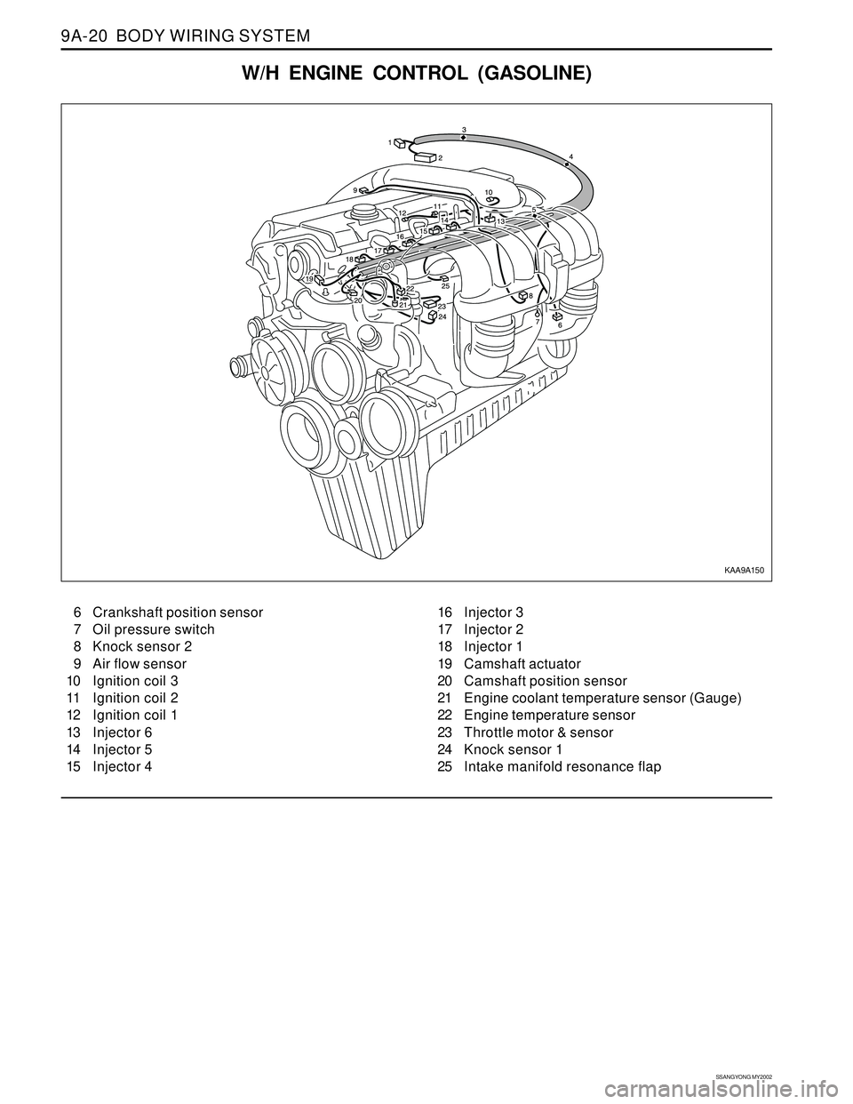 SSANGYONG KORANDO 1997  Service Repair Manual SSANGYONG MY2002
9A-20  BODY WIRING SYSTEM
W/H ENGINE CONTROL (GASOLINE)
6 Crankshaft position sensor
7 Oil pressure switch
8 Knock sensor 2
9 Air flow sensor
10 Ignition coil 3
11 Ignition coil 2
12 