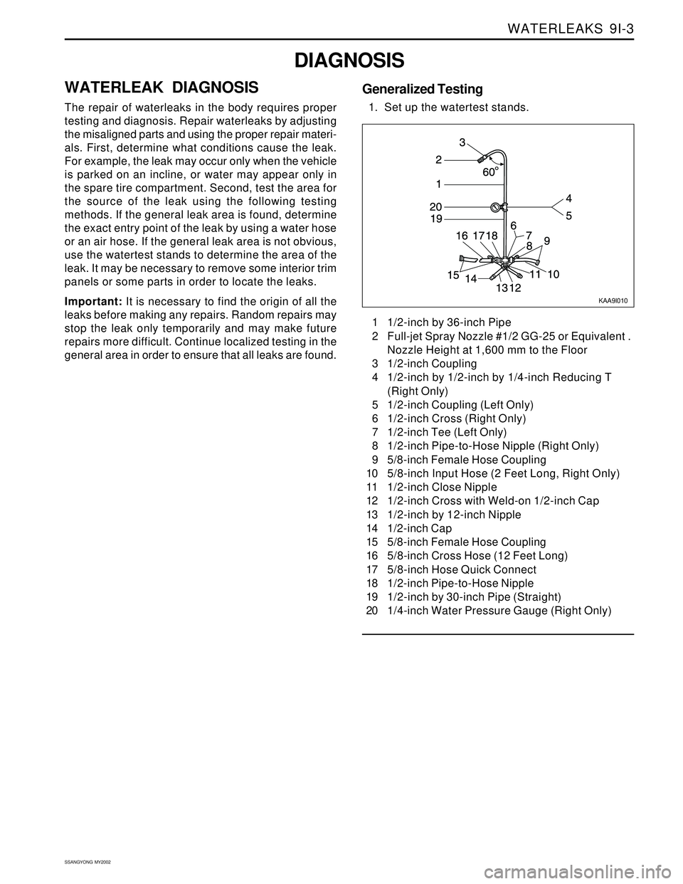 SSANGYONG KORANDO 1997 Service Repair Manual WATERLEAKS 9I-3
SSANGYONG MY2002
DIAGNOSIS
WATERLEAK DIAGNOSIS
The repair of waterleaks in the body requires proper
testing and diagnosis. Repair waterleaks by adjusting
the misaligned parts and usi SSANGYONG KORANDO 1997 Service Repair Manual WATERLEAKS 9I-3
SSANGYONG MY2002
DIAGNOSIS
WATERLEAK DIAGNOSIS
The repair of waterleaks in the body requires proper
testing and diagnosis. Repair waterleaks by adjusting
the misaligned parts and usi
