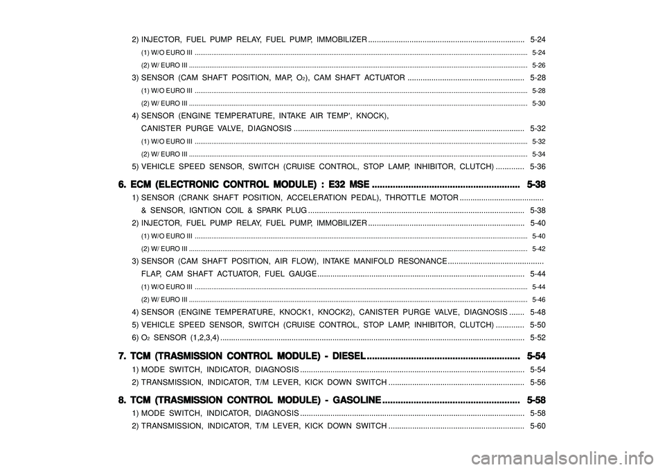 SSANGYONG KORANDO 1997  Service Repair Manual 2) INJECTOR, FUEL PUMP RELAY, FUEL PUMP, IMMOBILIZER ........................................................................  5-24
(1) W/O EURO III ...................................................
