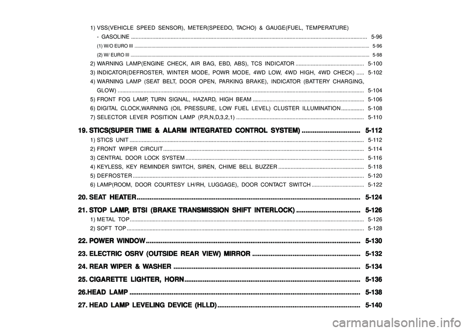 SSANGYONG KORANDO 1997  Service Repair Manual 1) VSS(VEHICLE SPEED SENSOR), METER(SPEEDO, TACHO) & GAUGE(FUEL, TEMPERATURE)
- GASOLINE ...............................................................................................................