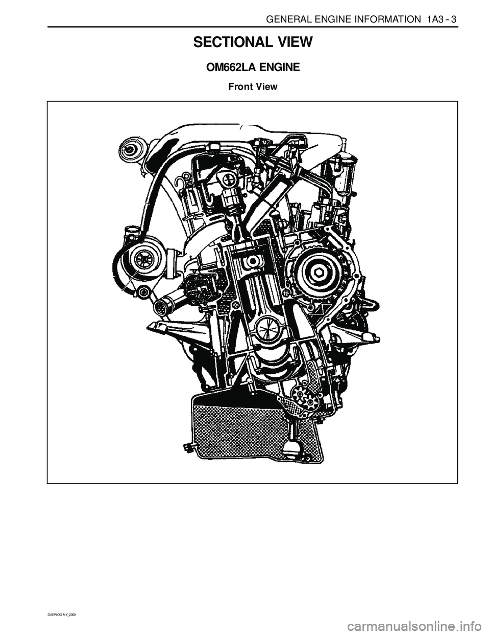 SSANGYONG KORANDO 1997  Service Repair Manual GENERAL ENGINE INFORMATION 1A3 -- 3
D AEW OO M Y_2000
SECTIONAL VIEW
OM662LA ENGINE
Front View 