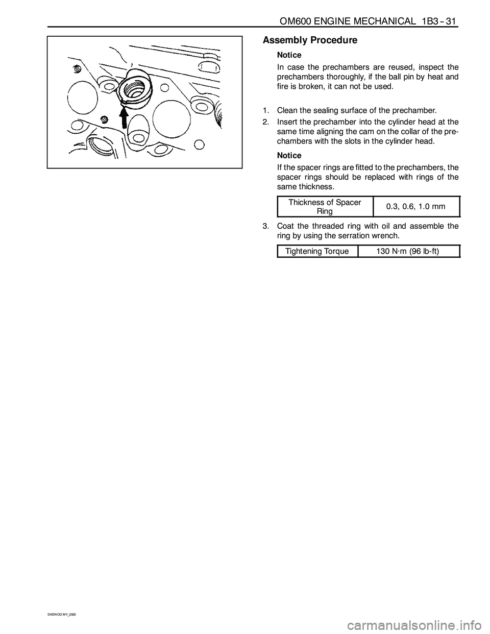 SSANGYONG KORANDO 1997  Service Repair Manual OM600 ENGINE MECHANICAL 1B3 -- 31
D AEW OO M Y_2000
Assembly Procedure
Notice
In case the prechambers are reused, inspect the
prechambers thoroughly, if the ball pin by heat and
fire is broken, it can