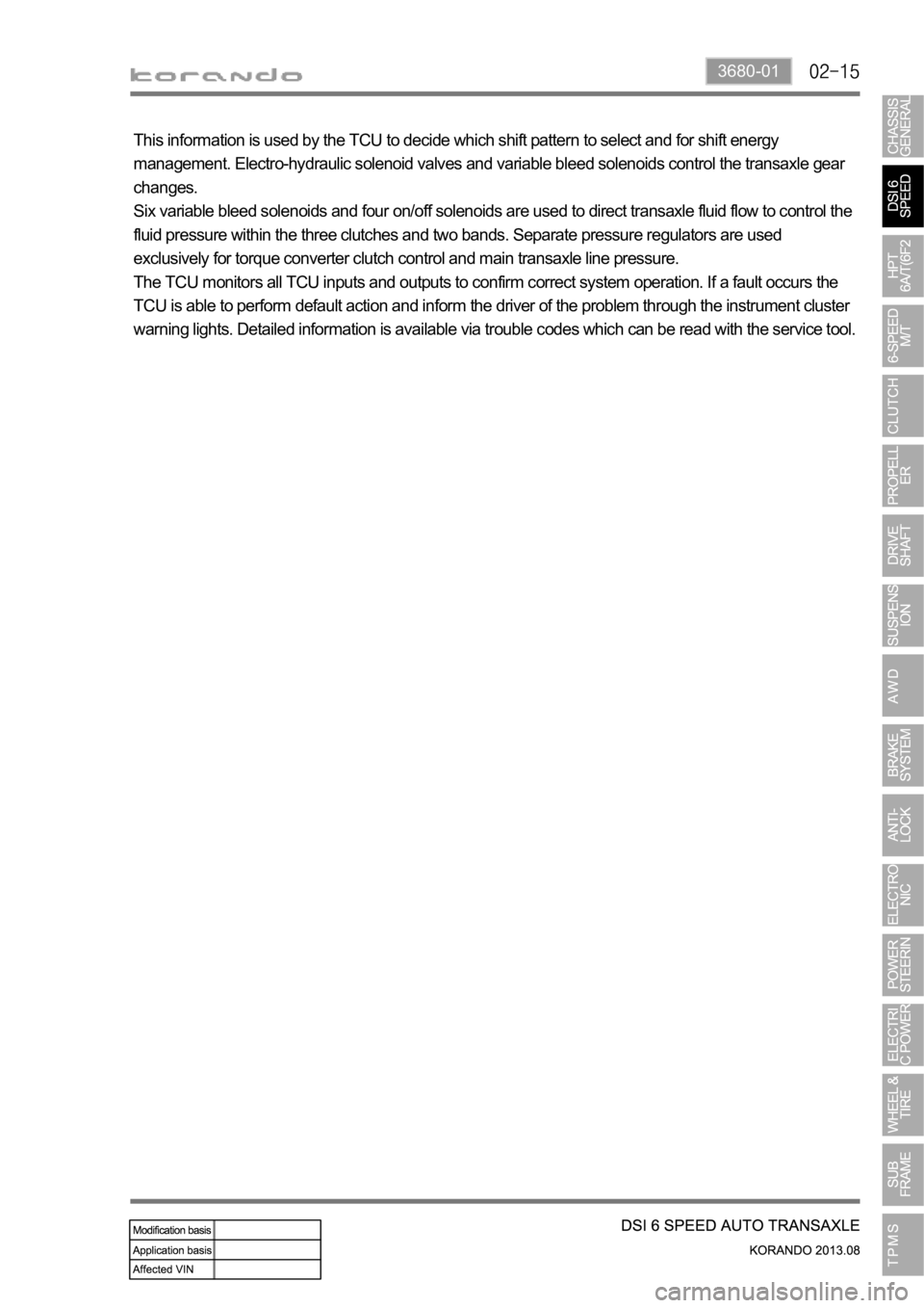 SSANGYONG KORANDO 2013  Service Manual 3680-01
This information is used by the TCU to decide which shift pattern to select and for shift energy 
management. Electro-hydraulic solenoid valves and variable bleed solenoids control the transax