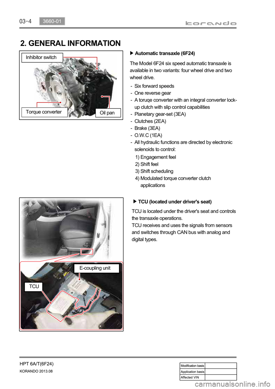 SSANGYONG KORANDO 2013  Service Manual 2. GENERAL INFORMATION
Automatic transaxle (6F24)
The Model 6F24 six speed automatic transaxle is 
available in two variants: four wheel drive and two 
wheel drive.
Six forward speeds
One reverse gear