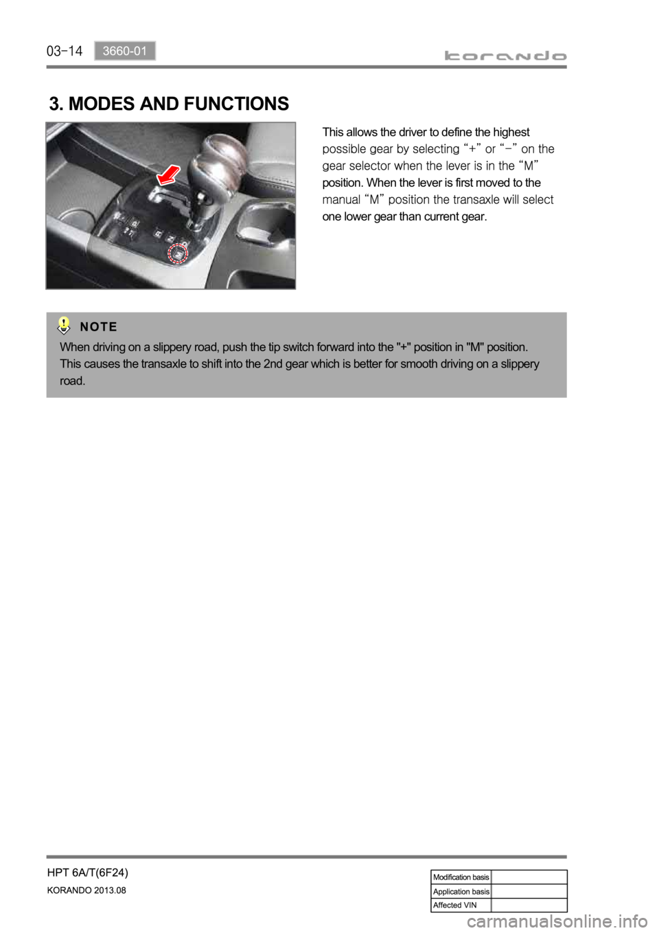 SSANGYONG KORANDO 2013  Service Manual 3. MODES AND FUNCTIONS
This allows the driver to define the highest 
position. When the lever is first moved to the 
one lower gear than current gear.
When driving on a slippery road, push the tip swi