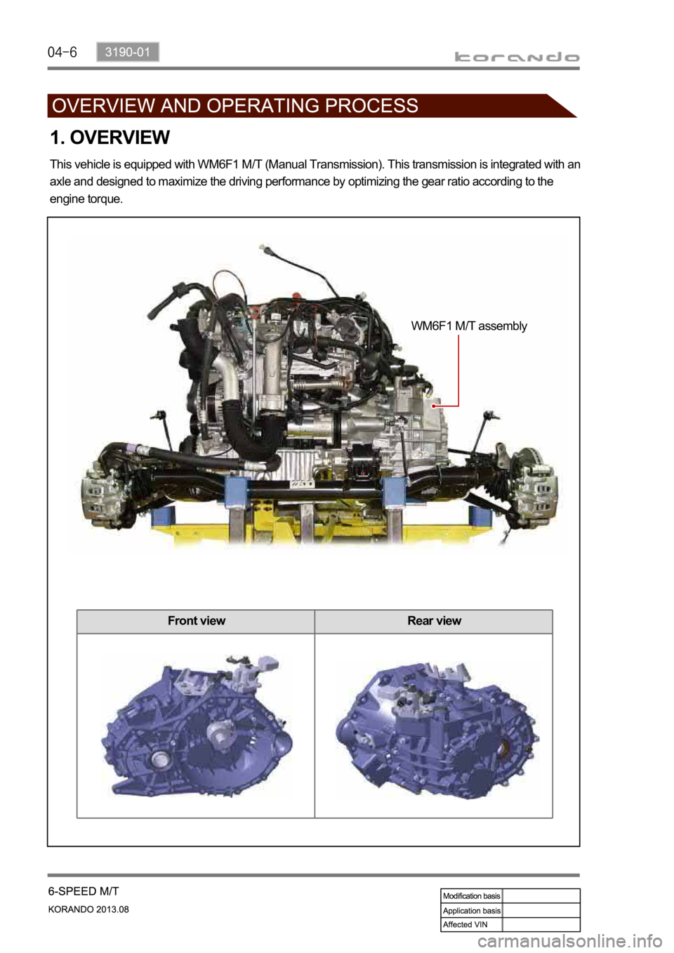 SSANGYONG KORANDO 2013  Service Manual Front view Rear view
1. OVERVIEW
This vehicle is equipped with WM6F1 M/T (Manual Transmission). This transmission is integrated with an 
axle and designed to maximize the driving performance by optimi