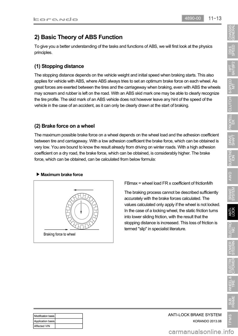 SSANGYONG KORANDO 2013  Service Manual 4890-00
2) Basic Theory of ABS Function
To give you a better understanding of the tasks and functions of ABS, we will first look at the physics 
principles.
(1) Stopping distance
The stopping distance
