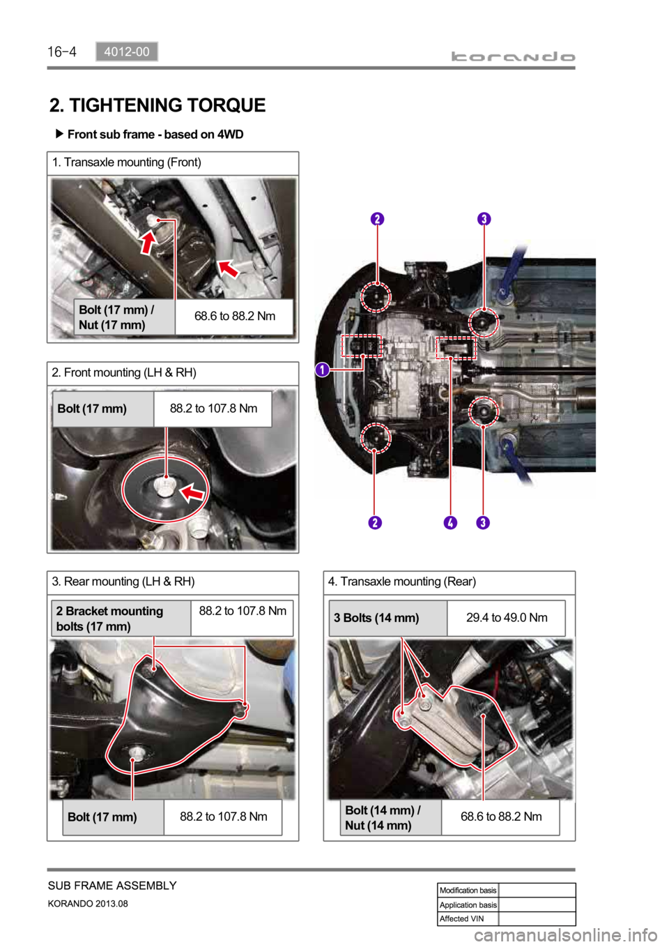SSANGYONG KORANDO 2013  Service Manual 4. Transaxle mounting (Rear)3. Rear mounting (LH & RH)
2. Front mounting (LH & RH)
1. Transaxle mounting (Front)
2. TIGHTENING TORQUE
Bolt (17 mm) / 
Nut (17 mm)68.6 to 88.2 Nm
Bolt (17 mm)88.2 to 107