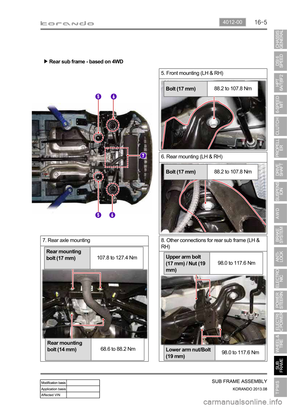 SSANGYONG KORANDO 2013  Service Manual 4012-00
8. Other connections for rear sub frame (LH & 
RH)7. Rear axle mounting
5. Front mounting (LH & RH)
Bolt (17 mm)88.2 to 107.8 Nm
6. Rear mounting (LH & RH)
Bolt (17 mm)88.2 to 107.8 Nm
Rear mo