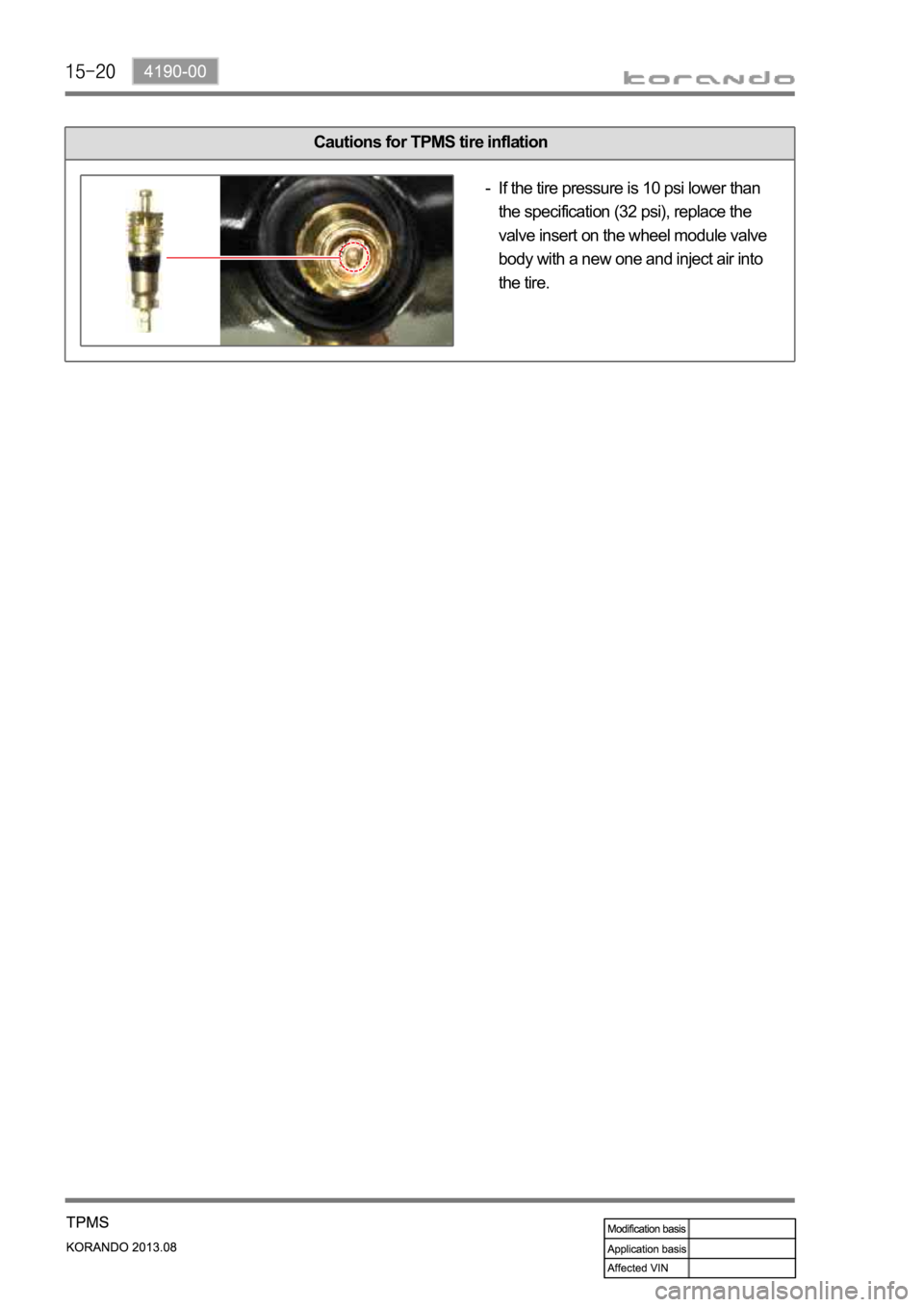 SSANGYONG KORANDO 2013  Service Manual Cautions for TPMS tire inflation
If the tire pressure is 10 psi lower than 
the specification (32 psi), replace the 
valve insert on the wheel module valve 
body with a new one and inject air into 
th