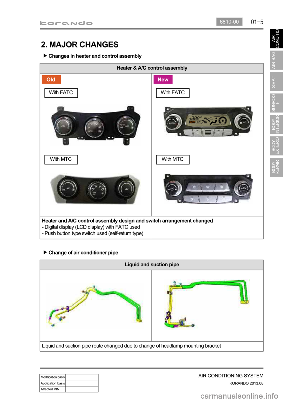 SSANGYONG KORANDO 2013  Service Manual 6810-00
Heater & A/C control assembly
Heater and A/C control assembly design and switch arrangement changed
- Digital display (LCD display) with FATC used
- Push button type switch used (self-return t