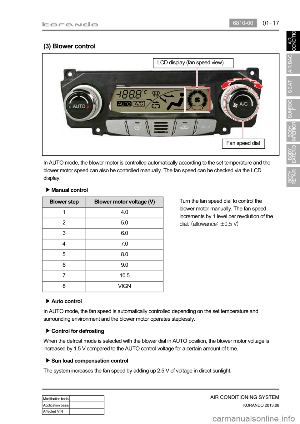 SSANGYONG KORANDO 2013 Service Manual 6810-00
(3) Blower control
In AUTO mode, the blower motor is controlled automatically according to the set temperature and the
blower motor speed can also be controlled manually. The fan speed can be SSANGYONG KORANDO 2013 Service Manual 6810-00
(3) Blower control
In AUTO mode, the blower motor is controlled automatically according to the set temperature and the
blower motor speed can also be controlled manually. The fan speed can be