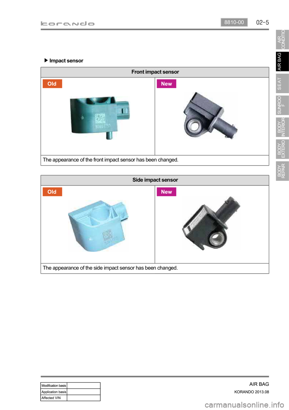 SSANGYONG KORANDO 2013  Service Manual 8810-00
Impact sensor
Front impact sensor
The appearance of the front impact sensor has been changed.
Side impact sensor
The appearance of the side impact sensor has been changed. 