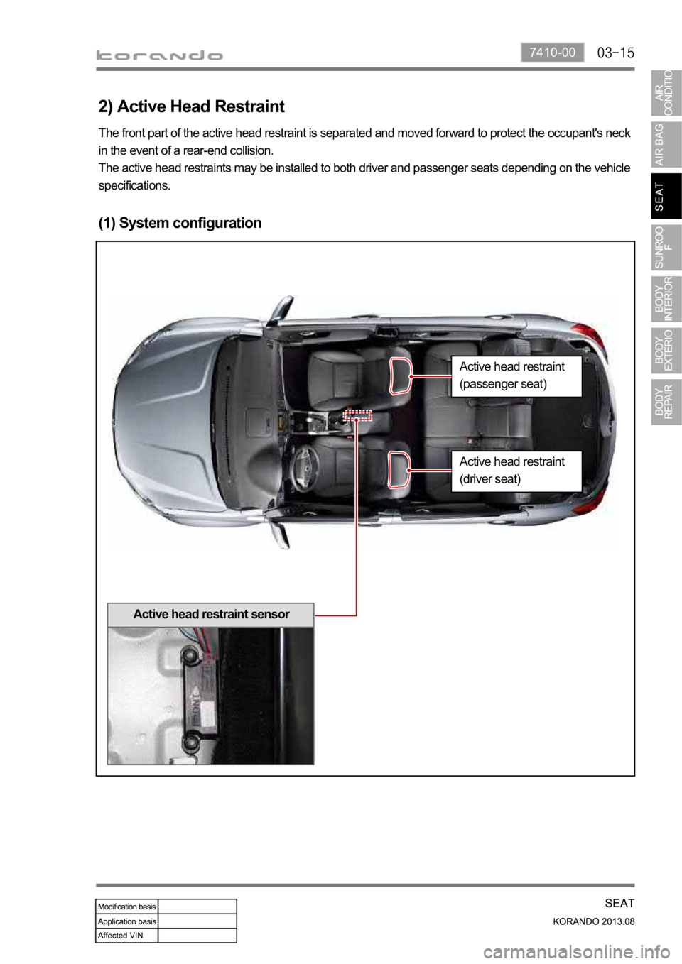 SSANGYONG KORANDO 2013  Service Manual 7410-00
The front part of the active head restraint is separated and moved forward to protect the occupant's neck 
in the event of a rear-end collision.
The active head restraints may be installed