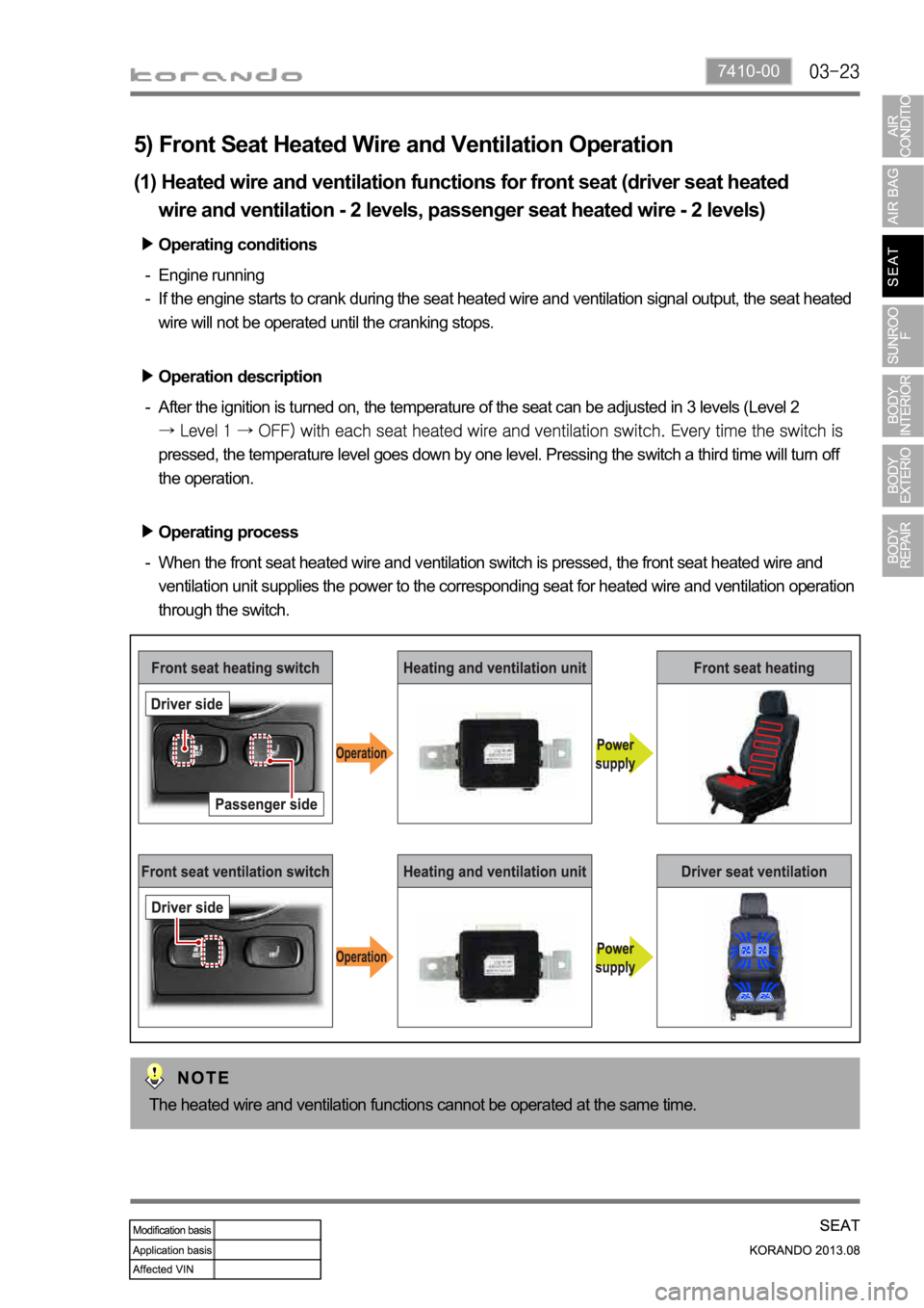 SSANGYONG KORANDO 2013  Service Manual 7410-00
5) Front Seat Heated Wire and Ventilation Operation
Operating conditions
Engine running 
If the engine starts to crank during the seat heated wire and ventilation signal output, the seat heate