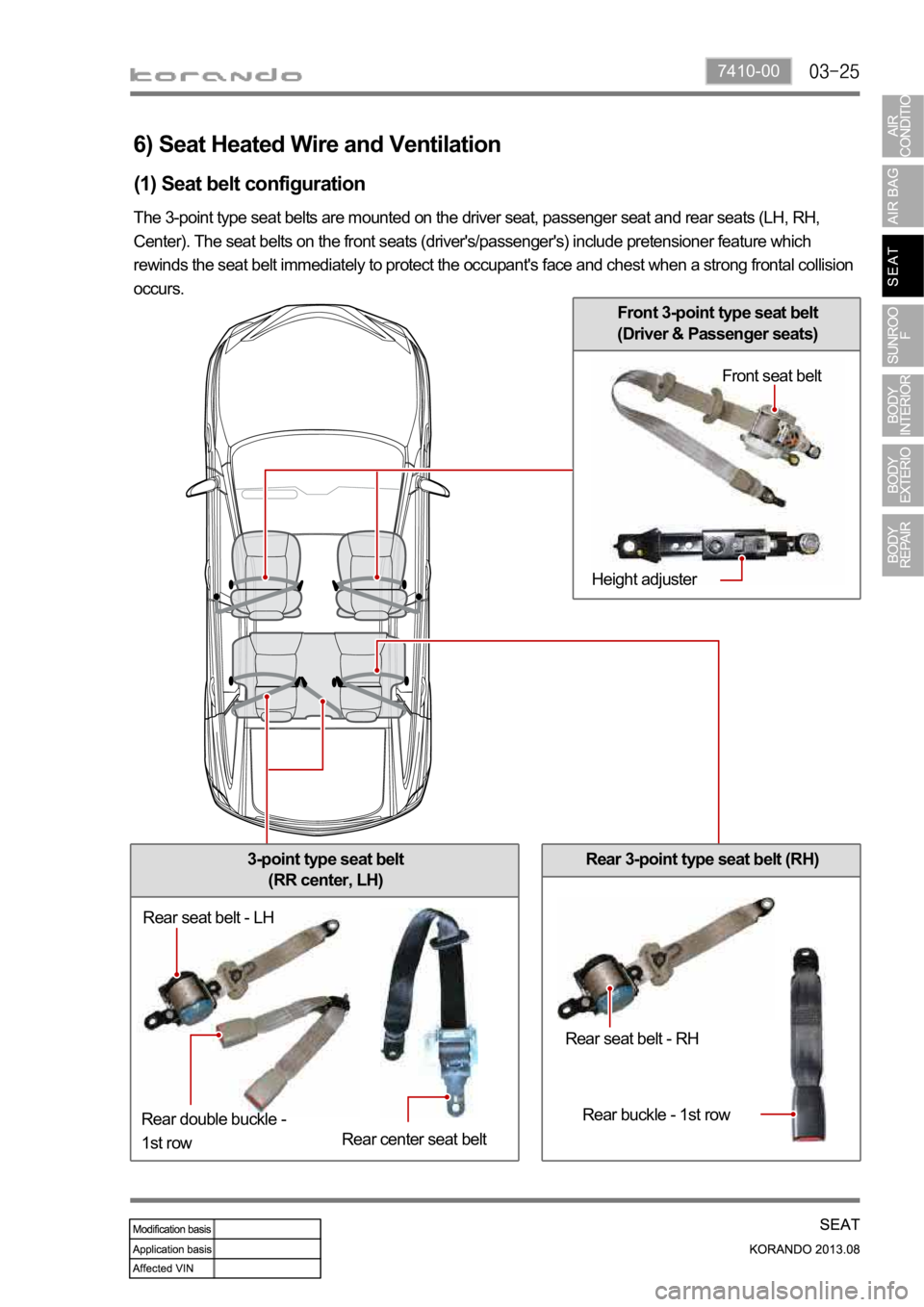 SSANGYONG KORANDO 2013  Service Manual 7410-00
The 3-point type seat belts are mounted on the driver seat, passenger seat and rear seats (LH, RH, 
Center). The seat belts on the front seats (driver's/passenger's) include pretension