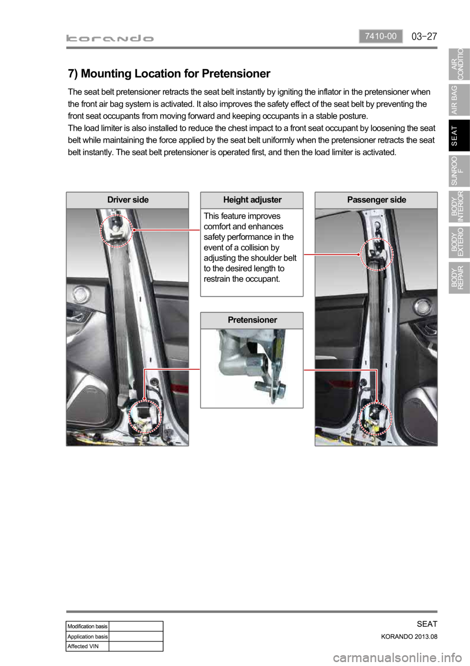 SSANGYONG KORANDO 2013  Service Manual 7410-00
Pretensioner
Driver sidePassenger side
7) Mounting Location for Pretensioner
The seat belt pretensioner retracts the seat belt instantly by igniting the inflator in the pretensioner when 
the 