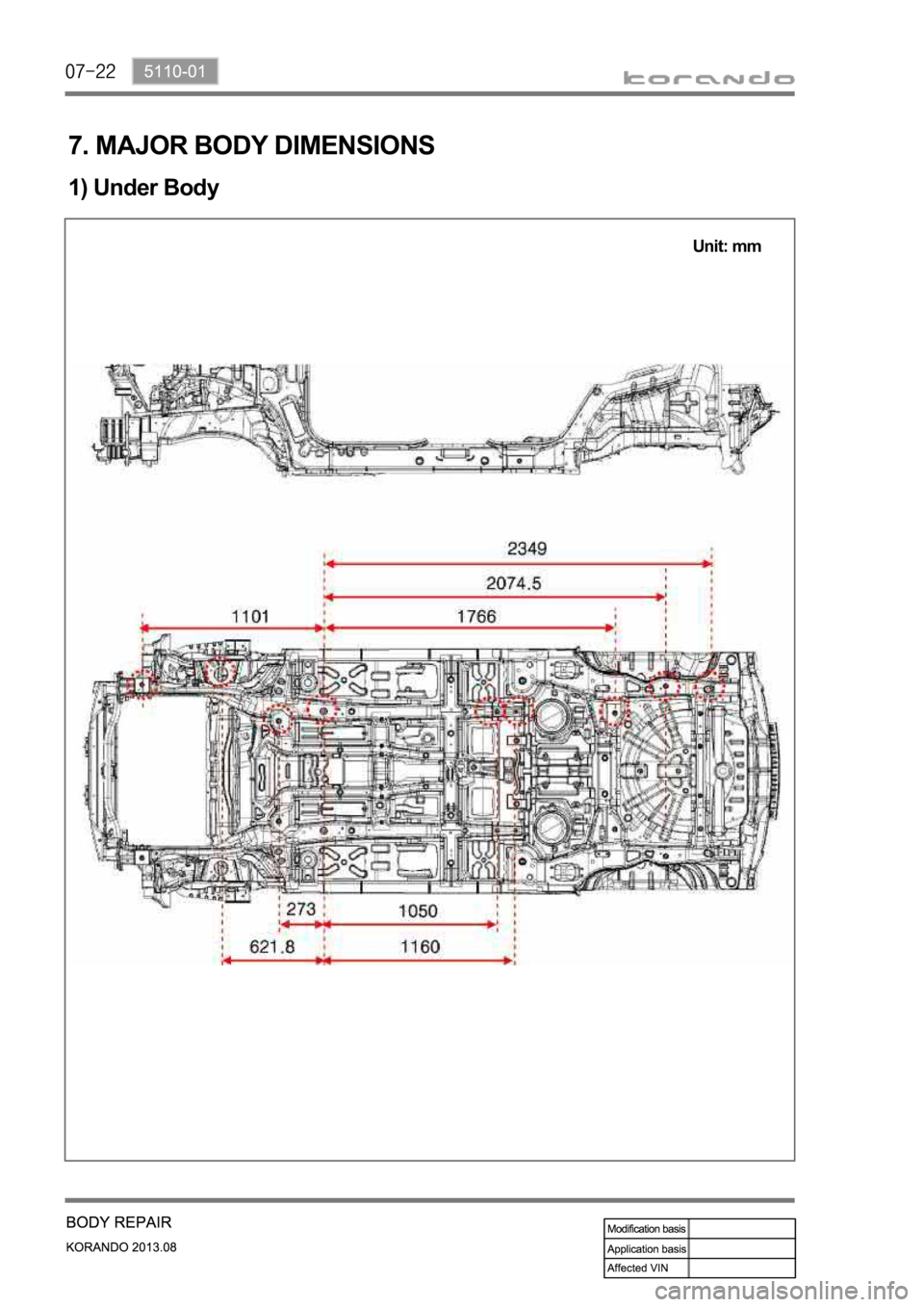 SSANGYONG KORANDO 2013  Service Manual 7. MAJOR BODY DIMENSIONS
1) Under Body
Unit: mm 