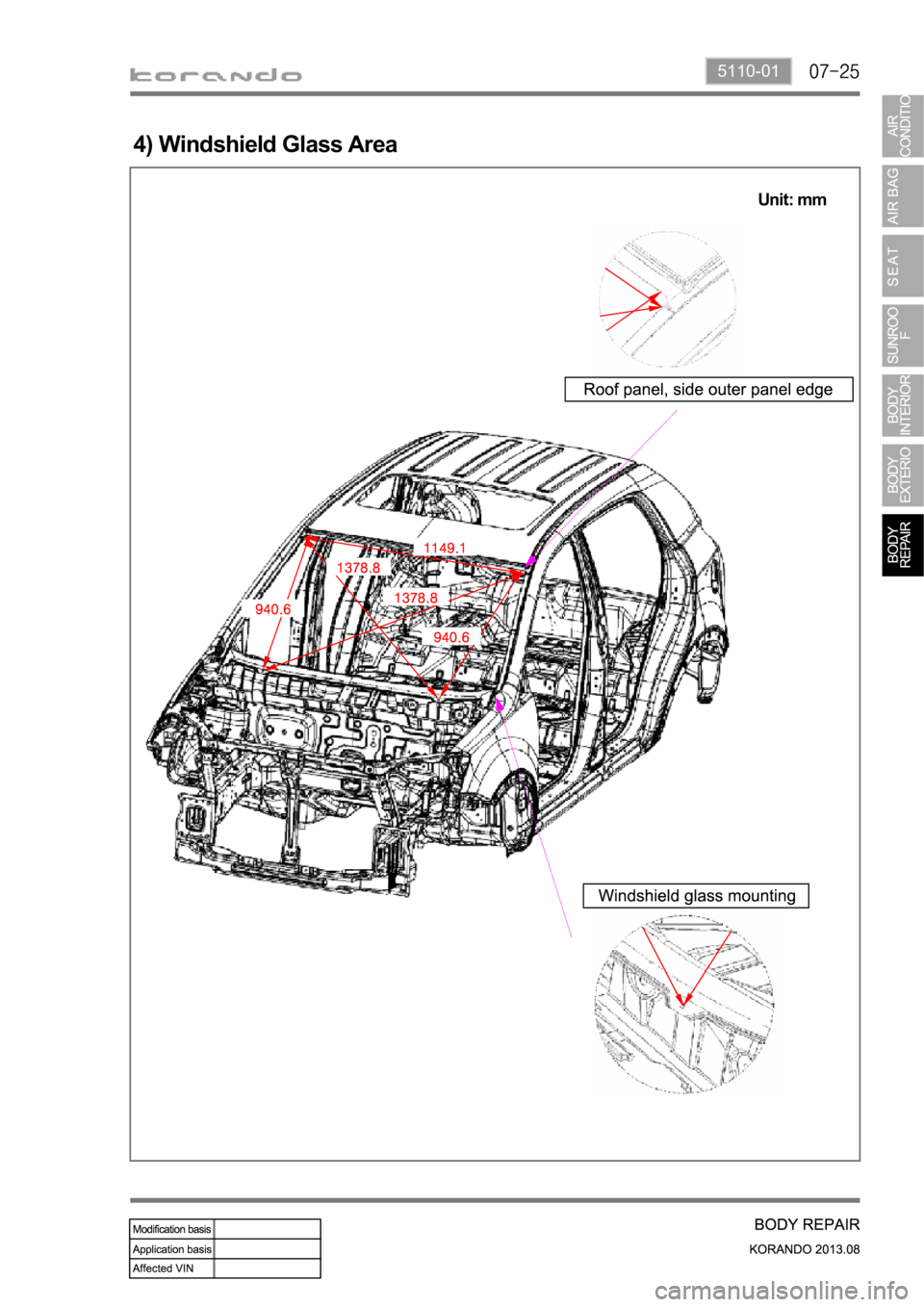 SSANGYONG KORANDO 2013  Service Manual 5110-01
4) Windshield Glass Area
Unit: mm 