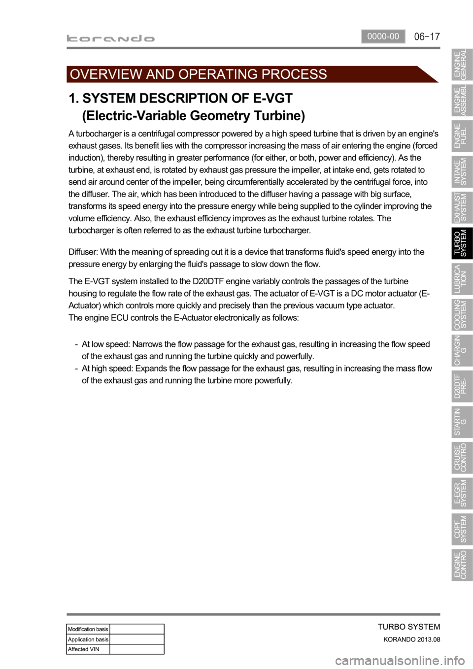 SSANGYONG KORANDO 2013 Service Manual 0000-00
1. SYSTEM DESCRIPTION OF E-VGT
(Electric-Variable Geometry Turbine)
A turbocharger is a centrifugal compressor powered by a high speed turbine that is driven by an engine's
exhaust g SSANGYONG KORANDO 2013 Service Manual 0000-00
1. SYSTEM DESCRIPTION OF E-VGT
(Electric-Variable Geometry Turbine)
A turbocharger is a centrifugal compressor powered by a high speed turbine that is driven by an engine's
exhaust g