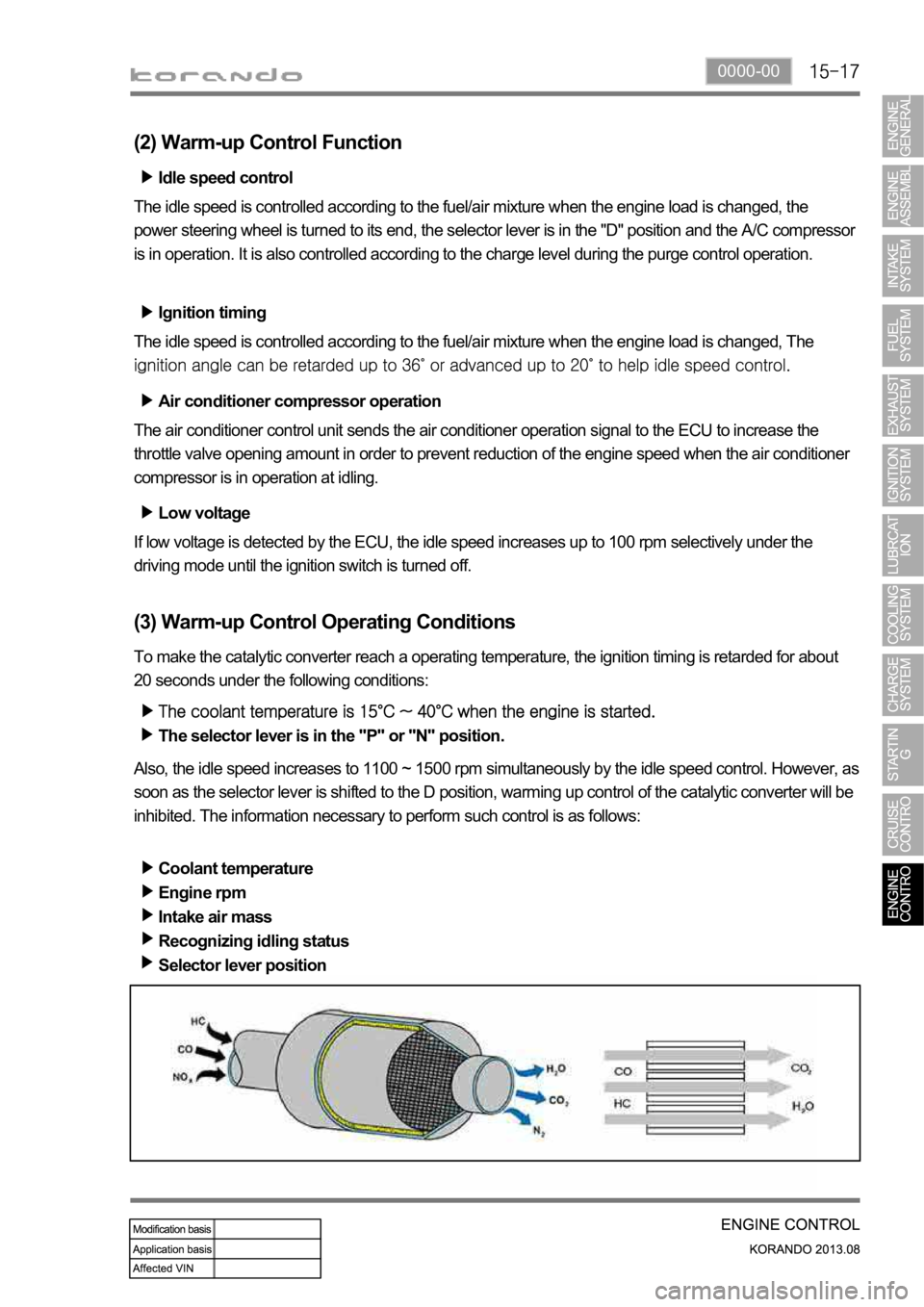 SSANGYONG KORANDO 2013 Service Manual 0000-00
(2) Warm-up Control Function
Low voltage
If low voltage is detected by the ECU, the idle speed increases up to 100 rpm selectively under the
driving mode until the ignition switch is turned o SSANGYONG KORANDO 2013 Service Manual 0000-00
(2) Warm-up Control Function
Low voltage
If low voltage is detected by the ECU, the idle speed increases up to 100 rpm selectively under the
driving mode until the ignition switch is turned o