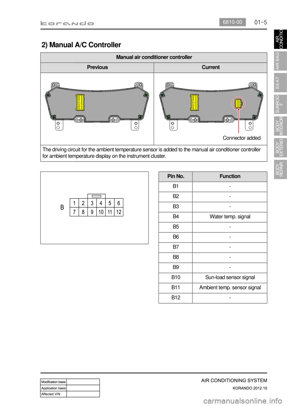 SSANGYONG KORANDO 2012  Service Manual 01-56810-00
2) Manual A/C Controller
Manual air conditioner controller
Previous Current
The driving circuit for the ambient temperature sensor is added to the manual air conditioner controller 
for am