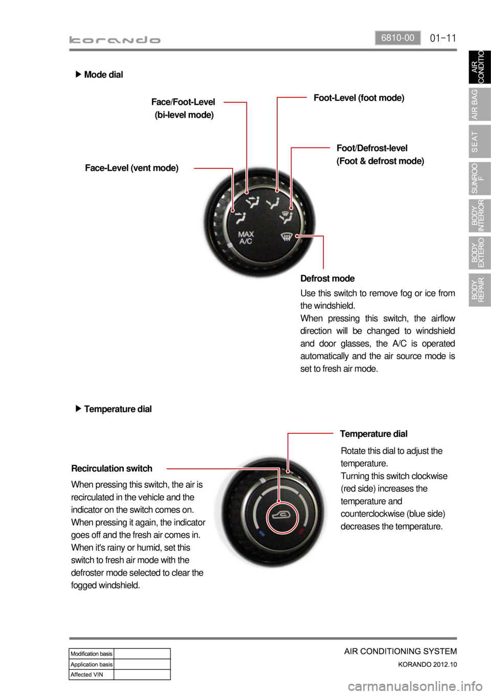 SSANGYONG KORANDO 2012  Service Manual 01-116810-00
Face/Foot-Level
 (bi-level mode)
Face-Level (vent mode)Foot-Level (foot mode)
Use this switch to remove fog or ice from 
the windshield.
When pressing this switch, the airflow 
direction 