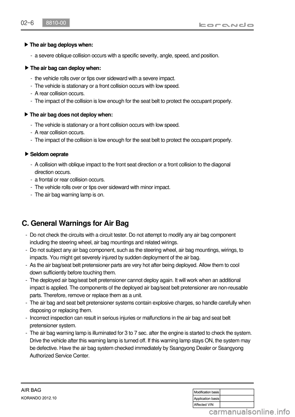 SSANGYONG KORANDO 2012  Service Manual 02-6
Seldom oeprate ▶The air bag deploys when: ▶
The air bag can deploy when: ▶a severe oblique collision occurs with a specific severity, angle, speed, and position.  -
A collision with oblique