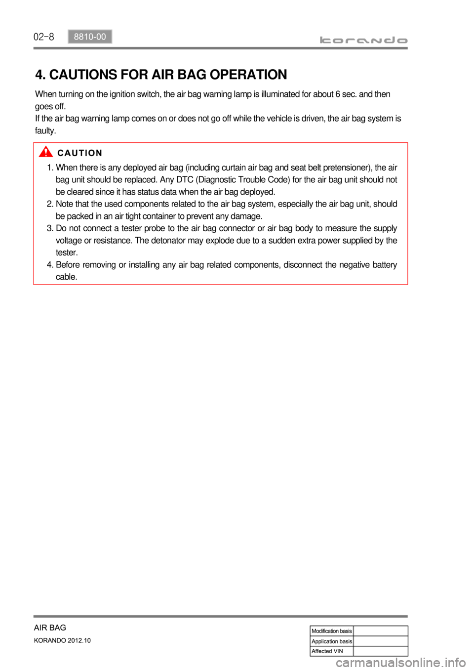 SSANGYONG KORANDO 2012  Service Manual 02-8
4. CAUTIONS FOR AIR BAG OPERATION
When there is any deployed air bag (including curtain air bag and seat belt pretensioner), the air 
bag unit should be replaced. Any DTC (Diagnostic Trouble Code