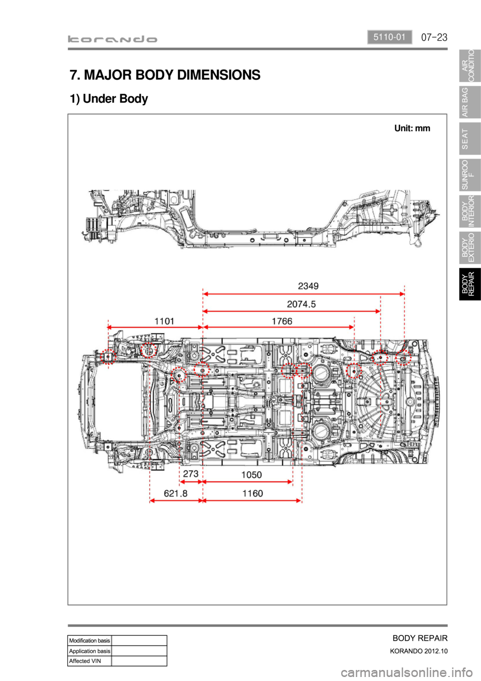 SSANGYONG KORANDO 2012  Service Manual 07-235110-01
7. MAJOR BODY DIMENSIONS
1) Under Body
Unit: mm 