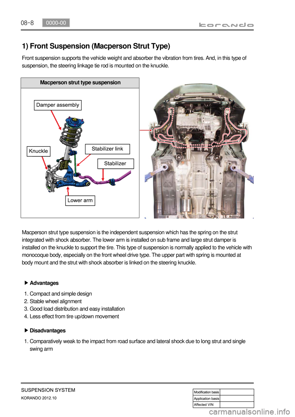 SSANGYONG KORANDO 2012 Service Manual 08-8
1) Front Suspension (Macperson Strut Type)
Front suspension supports the vehicle weight and absorber the vibration from tires. And, in this type of
suspension, the steering linkage tie rod is mo SSANGYONG KORANDO 2012 Service Manual 08-8
1) Front Suspension (Macperson Strut Type)
Front suspension supports the vehicle weight and absorber the vibration from tires. And, in this type of
suspension, the steering linkage tie rod is mo
