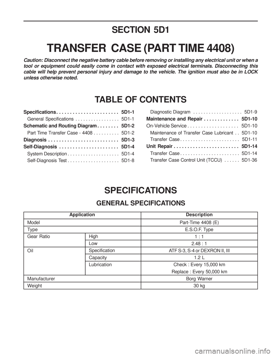 SSANGYONG MUSSO 2003 Service Manual Model
TypeGear Ratio Oil Manufacturer WeightPart-Time 4408 (E)
E.S.O.F. Type
1 : 1
2.48 : 1
ATF S-3, S-4 or DEXRON II, III
1.2 L
Check : Every 15,000 km
Replace : Every 50,000 km Borg Warner30 kg
SEC SSANGYONG MUSSO 2003 Service Manual Model
TypeGear Ratio Oil Manufacturer WeightPart-Time 4408 (E)
E.S.O.F. Type
1 : 1
2.48 : 1
ATF S-3, S-4 or DEXRON II, III
1.2 L
Check : Every 15,000 km
Replace : Every 50,000 km Borg Warner30 kg
SEC