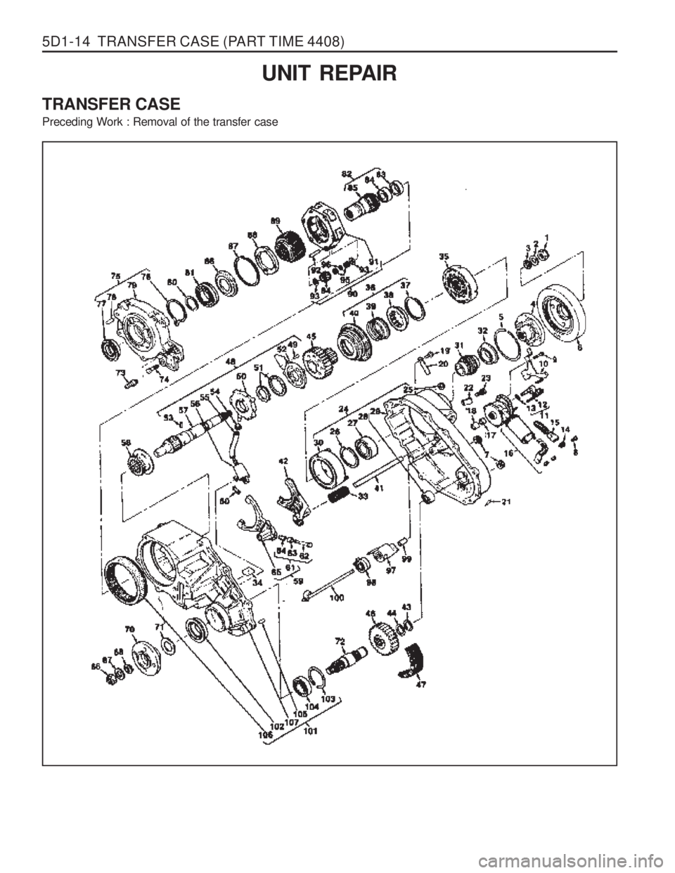 SSANGYONG MUSSO 2003  Service Manual 5D1-14  TRANSFER CASE (PART TIME 4408)
UNIT REPAIR
TRANSFER CASE Preceding Work : Removal of the transfer case  