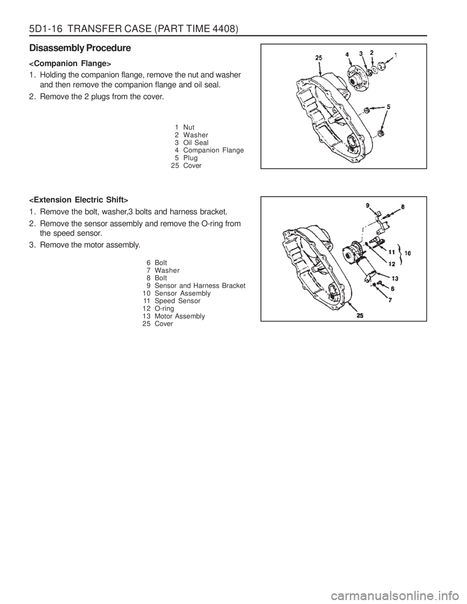 SSANGYONG MUSSO 2003  Service Manual 5D1-16  TRANSFER CASE (PART TIME 4408)
Disassembly Procedure <Companion Flange> 
1. Holding the companion flange, remove the nut and washerand then remove the companion flange and oil seal.
2. Remove 