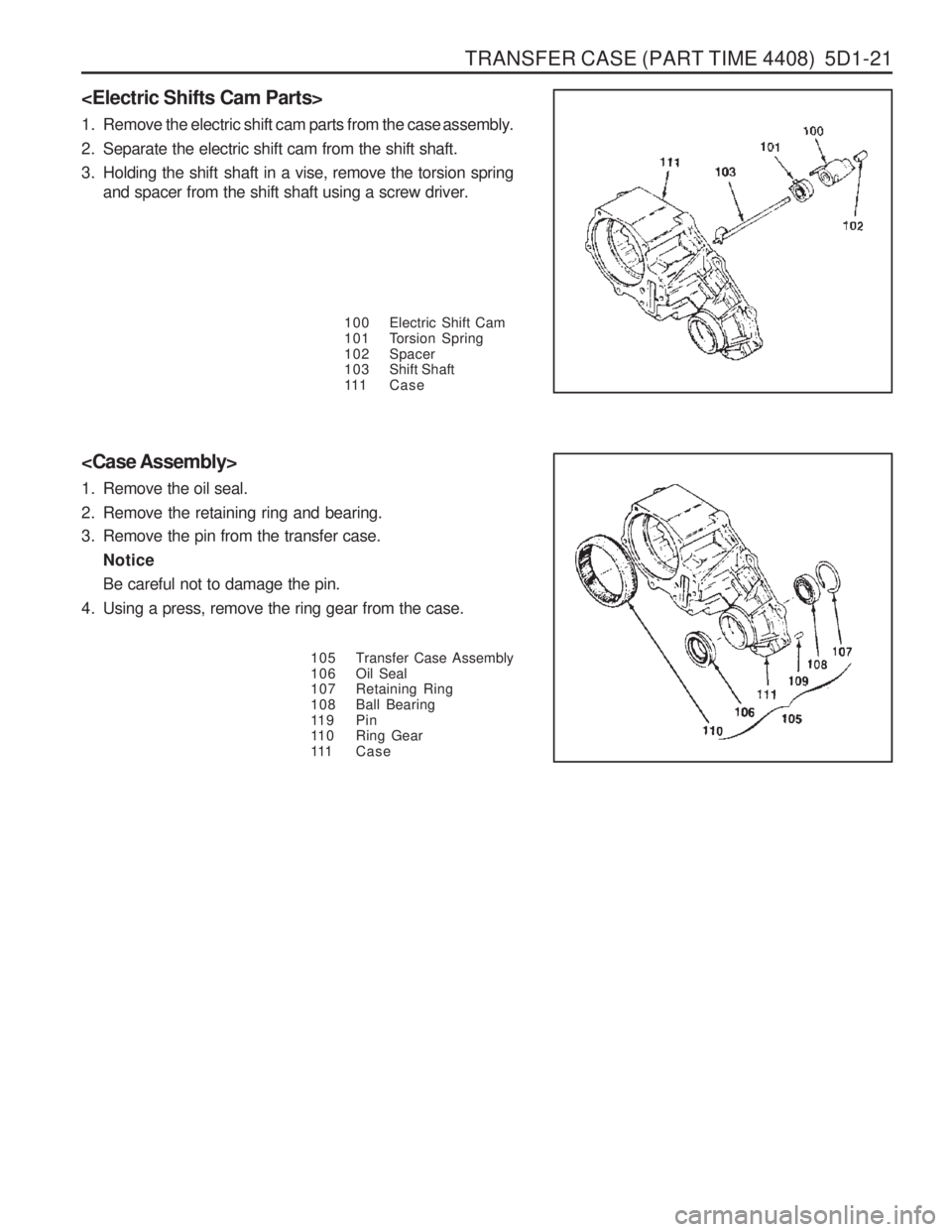 SSANGYONG MUSSO 2003  Service Manual TRANSFER CASE (PART TIME 4408)  5D1-21
<Electric Shifts Cam Parts> 
1. Remove the electric shift cam parts from the case assembly. 
2. Separate the electric shift cam from the shift shaft.
3. Holding 