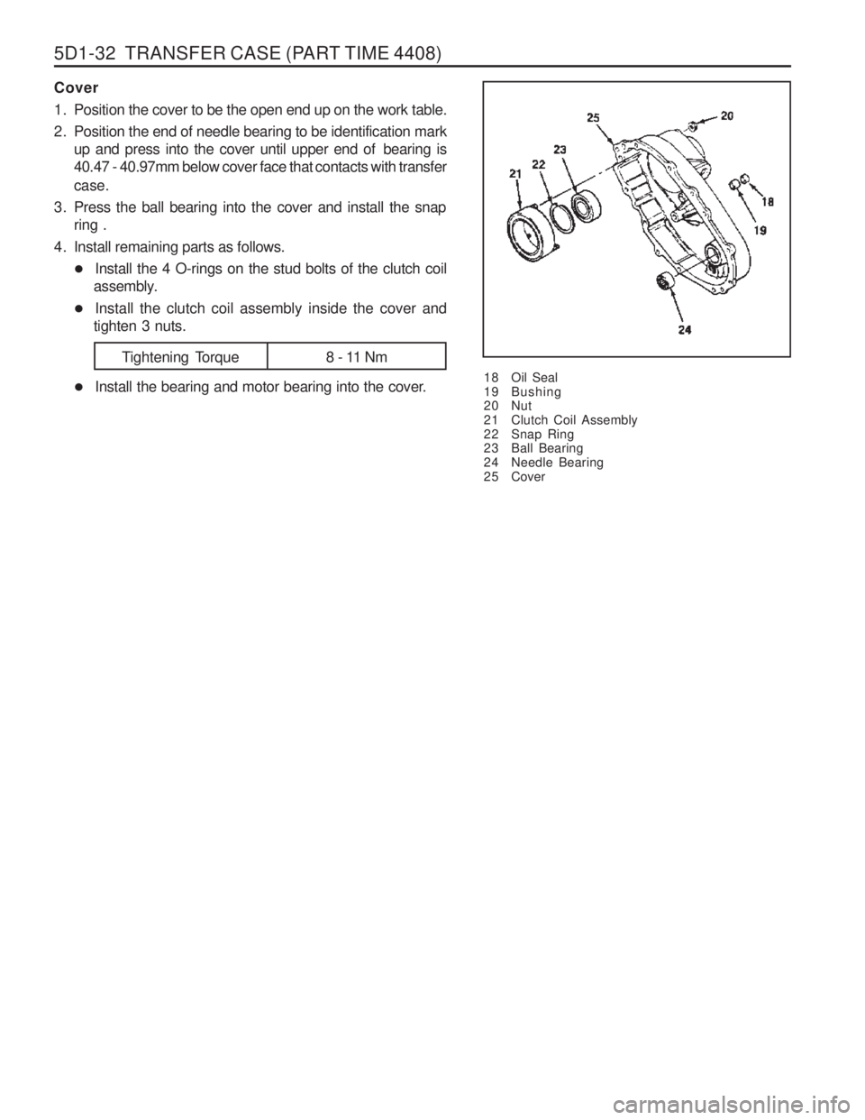 SSANGYONG MUSSO 2003  Service Manual 5D1-32  TRANSFER CASE (PART TIME 4408)
Cover 
1. Position the cover to be the open end up on the work table.
2. Position the end of needle bearing to be identification markup and press into the cover 