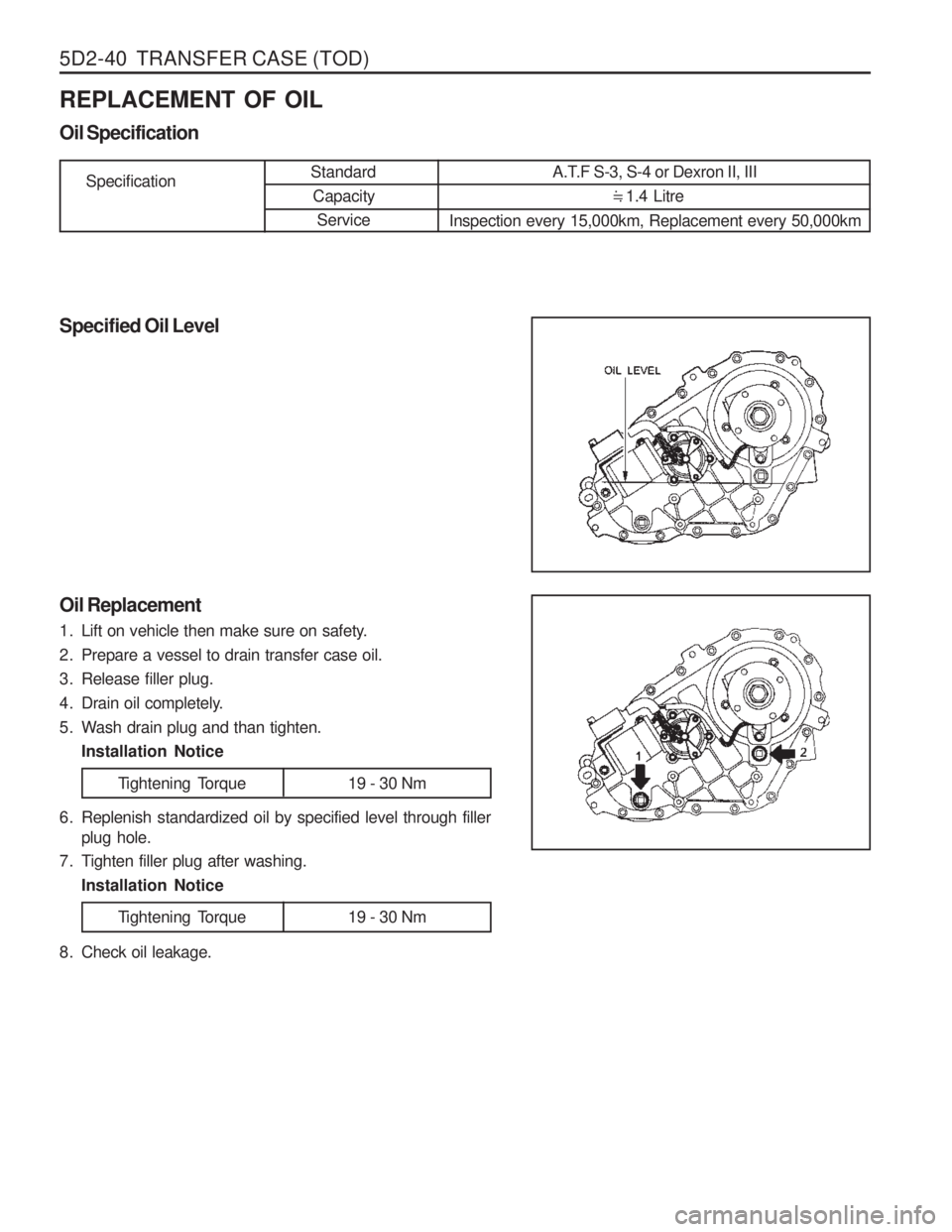 SSANGYONG MUSSO 2003  Service Manual 5D2-40  TRANSFER CASE (TOD)
REPLACEMENT OF OIL Oil Specification Specified Oil Level
SpecificationStandard
Capacity Service A.T.F S-3, S-4 or Dexron II, III
1.4 Litre
Inspection every 15,000km, Replac