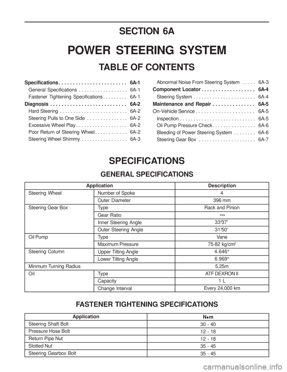 SSANGYONG MUSSO 2003 Service Manual Application
Steering Wheel Steering Gear Box Oil Pump Steering Column
Minmum Turning Radius Oil SECTION 6A
POWER STEERING SYSTEM
TABLE OF CONTENTS
Specifications . . . . . . . . . . . . . . . . . . SSANGYONG MUSSO 2003 Service Manual Application
Steering Wheel Steering Gear Box Oil Pump Steering Column
Minmum Turning Radius Oil SECTION 6A
POWER STEERING SYSTEM
TABLE OF CONTENTS
Specifications . . . . . . . . . . . . . . . . . .