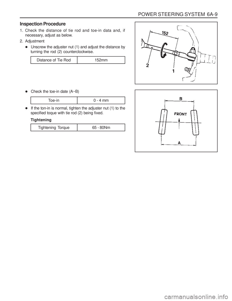 SSANGYONG MUSSO 2003  Service Manual POWER STEERING SYSTEM  6A-9
Inspection Procedure 
1. Check the distance of tie rod and toe-in data and, ifnecessary, adjust as below.
2. Adjustment � Unscrew the adjuster nut (1) and adjust the distan