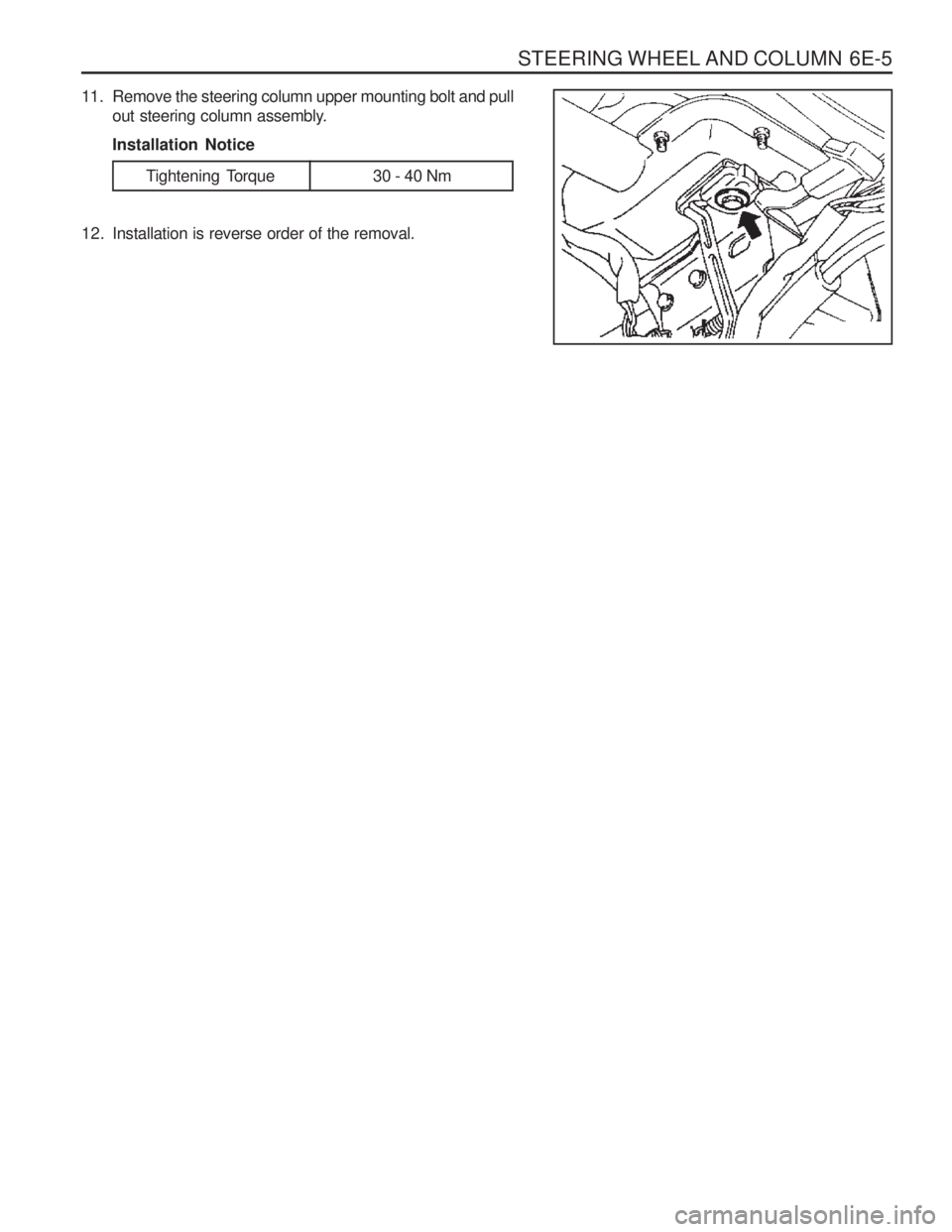 SSANGYONG MUSSO 2003  Service Manual STEERING WHEEL AND COLUMN  6E-5
Tightening  Torque 30 - 40 Nm
11. Remove the steering column upper mounting bolt and pull
out steering column assembly. Installation Notice
12. Installation is reverse 
