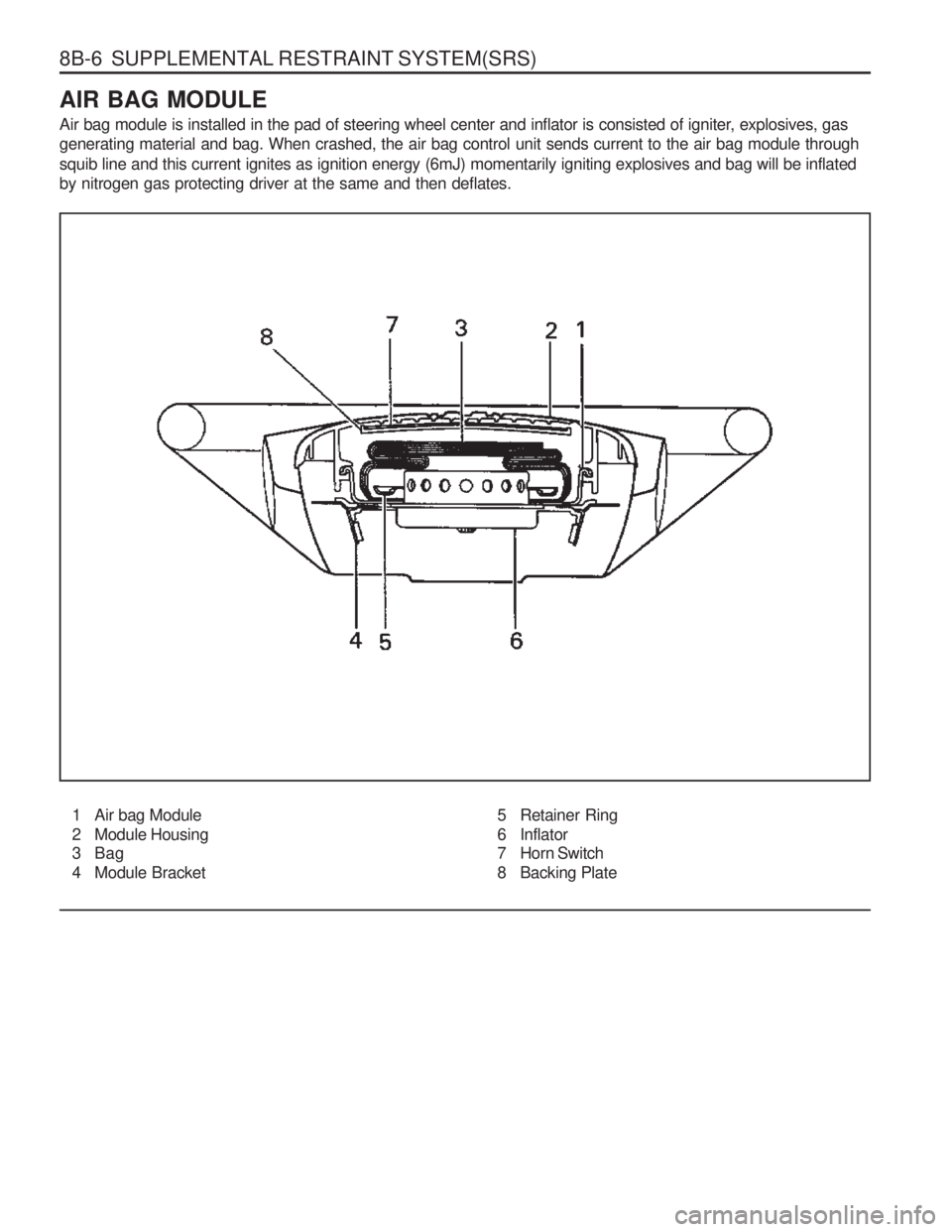 SSANGYONG MUSSO 2003  Service Manual 8B-6  SUPPLEMENTAL RESTRAINT SYSTEM(SRS) AIR BAG MODULE 
Air bag module is installed in the pad of steering wheel center and inflator is consisted of igniter, explosives, gas generating material and b