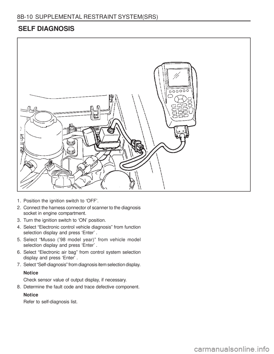 SSANGYONG MUSSO 2003  Service Manual 8B-10  SUPPLEMENTAL RESTRAINT SYSTEM(SRS) 
1. Position the ignition switch to ‘OFF’. 
2. Connect the harness connector of scanner to the diagnosissocket in engine compartment.
3. Turn the ignition