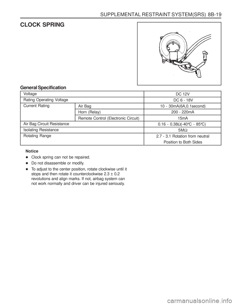 SSANGYONG MUSSO 2003  Service Manual SUPPLEMENTAL RESTRAINT SYSTEM(SRS)  8B-19
Air Bag Horn (Relay) Remote Control (Electronic Circuit)
CLOCK SPRING
General SpecificationVoltage 
Rating Operating VoltageCurrent Rating Air Bag Circuit Res