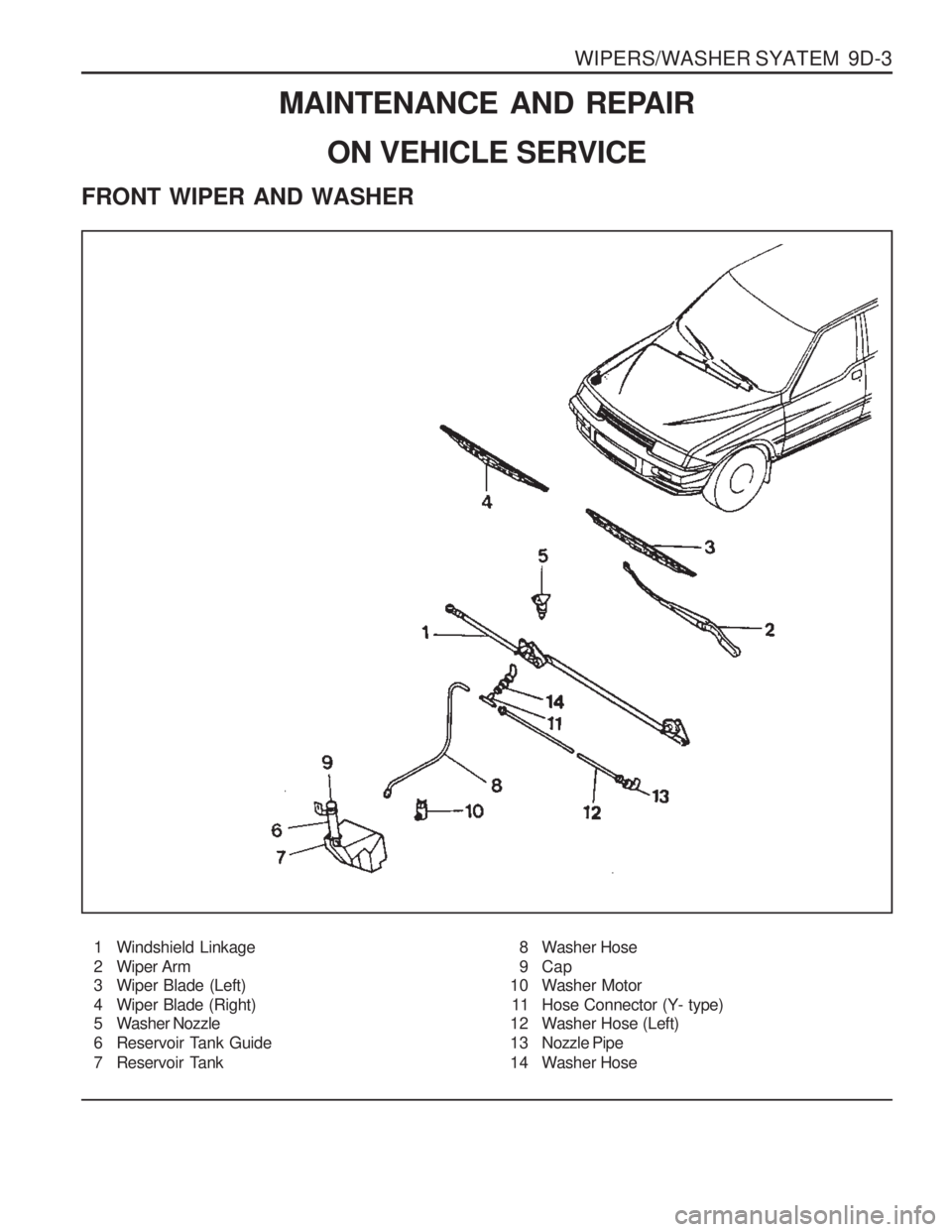 SSANGYONG MUSSO 2003  Service Manual WIPERS/WASHER SYATEM  9D-3
FRONT WIPER AND WASHER
1 Windshield Linkage 
2 Wiper Arm 
3 Wiper Blade (Left) 
4 Wiper Blade (Right) 
5 Washer Nozzle 
6 Reservoir Tank Guide
7 Reservoir Tank8 Washer Hose
