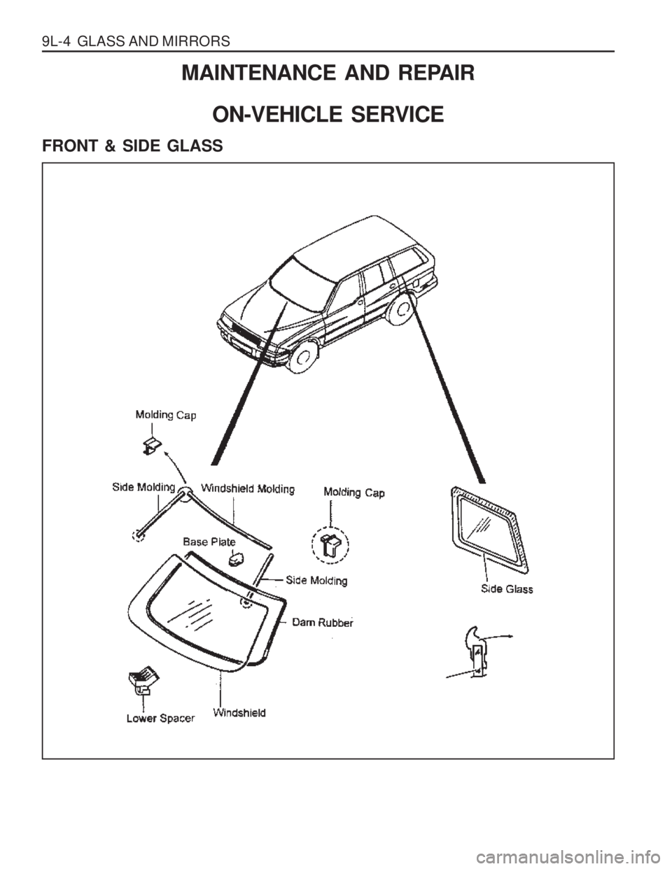 SSANGYONG MUSSO 2003  Service Manual 9L-4  GLASS AND MIRRORSMAINTENANCE AND REPAIR
ON-VEHICLE SERVICE
FRONT & SIDE GLASS  